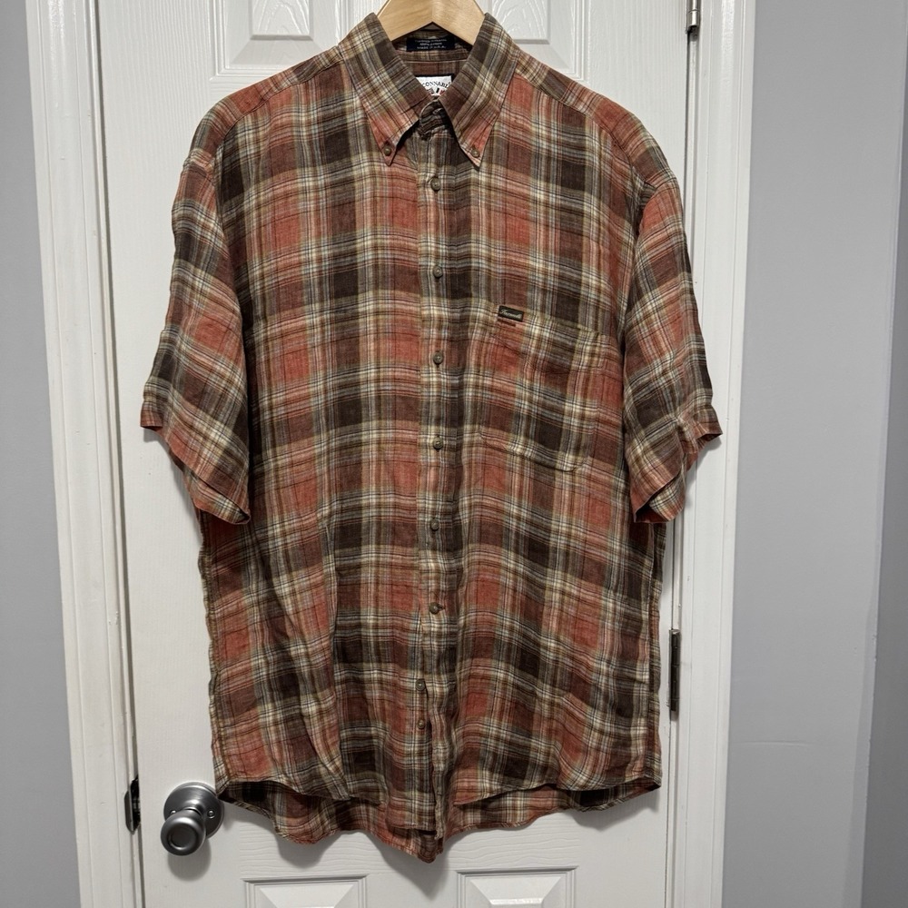 Faconnable Shirt‎ Short Sleeve Men's L Large 100% Linen Made In USA Orange Plaid